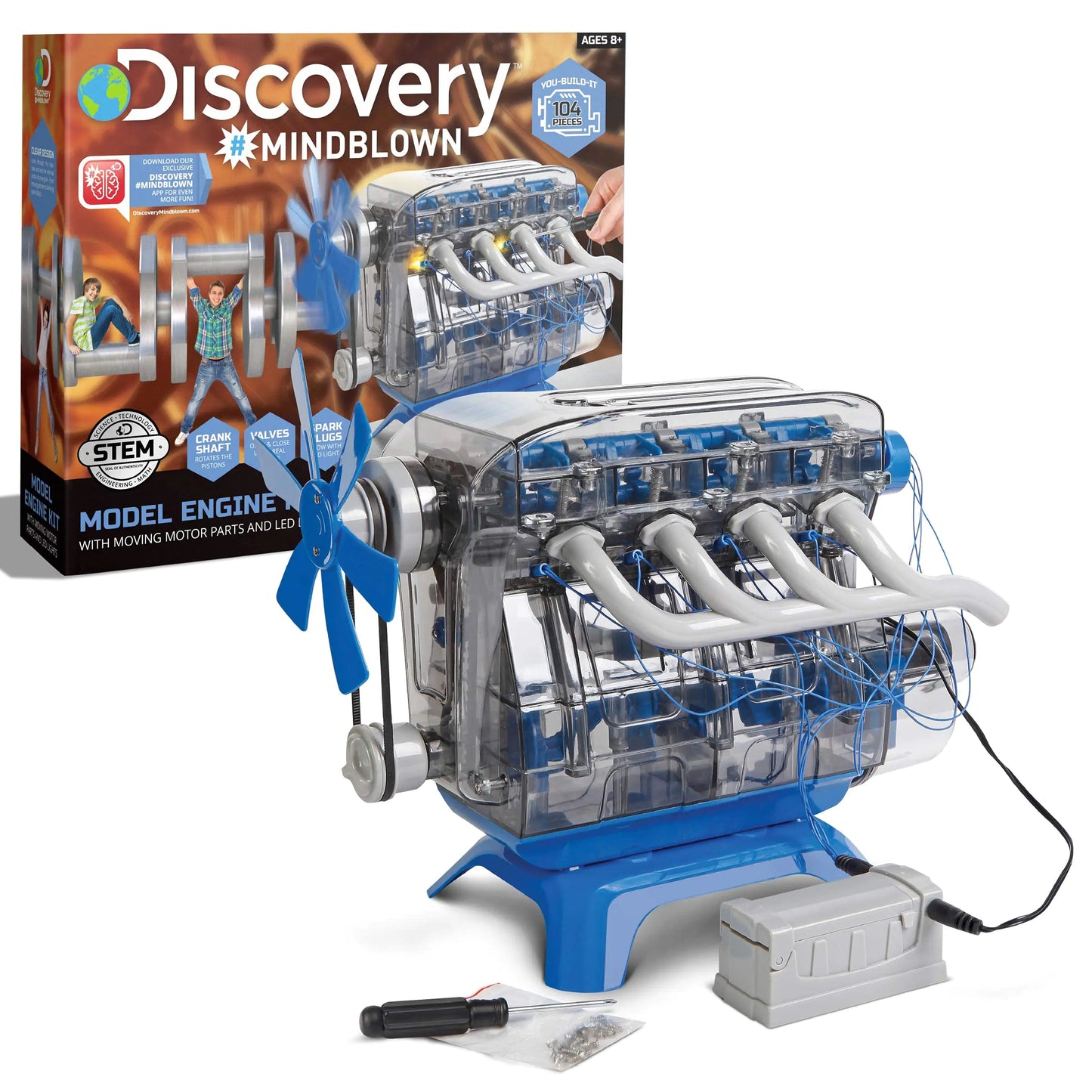 Discovery #MINDBLOWN Model Engine Building Kit DIY 4-Cylinder Combustion Engine Working Pistons Fan Valves Belts LED Lights STEM Mechanic Engineering Construction Experiment Set Kids & Adults Gift