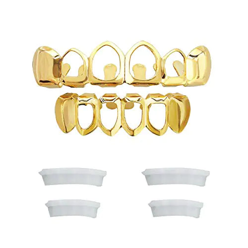 Open Face Grillz Teeth 24k Gold Grillz Plated Caps New Custom Fit Top & Bottom Grill Set for Kids + Extra Molding Bars + Microfiber Cloth