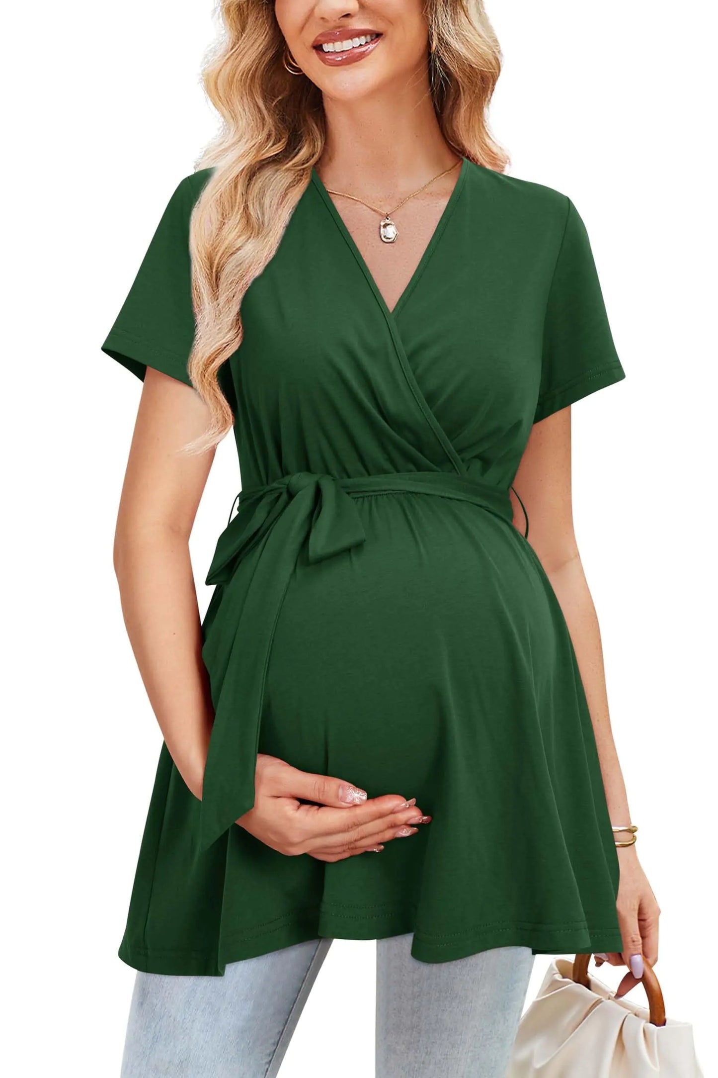 OUGES Womens Maternity Tunics Tops Shirts Short Sleeve Wrap V Neck Nursing Maternity Clothes Casual Pregnancy Blouse(Dark GreenM)