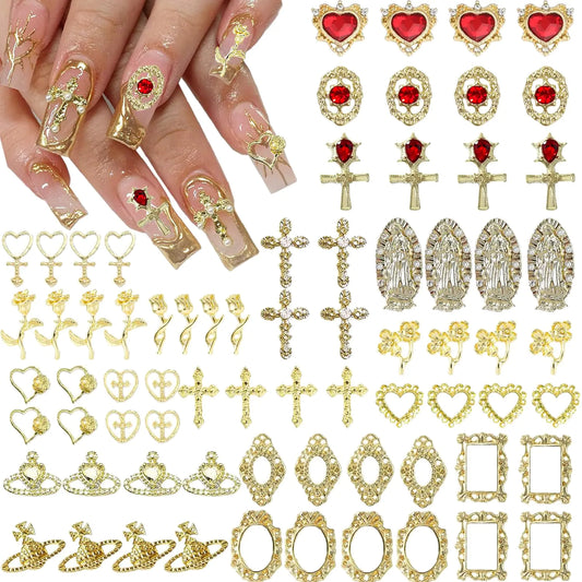 KACHIMOO 72PCS Gold Charms for Nails Gold Cross Nail Charms Gold Nail Gems Y2K Nail Art Charms Chrome Heart Nail Charms Y2K Rose Charms Virgin Mary Metal Nail Gems 3D Chrome Nail Decorations