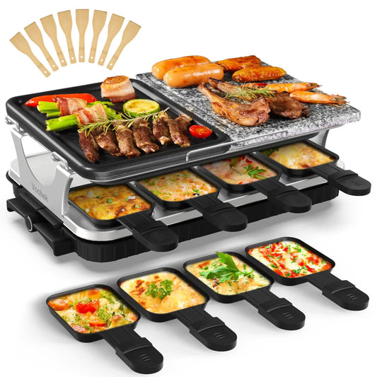 Voohek Korean BBQ Grill Raclette Grill Smokeless Indoor Grill Electric Grill Hibachi Grill 2 in 1 Nonstick Grilling Plate & Cooking Stone Adjustable Temperature 8 Raclette Pans 8 Wooden Spatulas 1300W