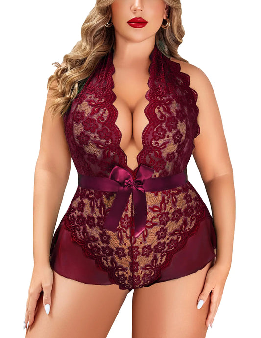Avidlove Womens Plus Size Lace Babydoll Bodysuit One Piece Lingerie Sexy Halter Teddy Dark Red 14 Plus