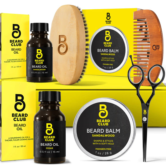 The Beard Club Beard Kit for Men - Beard Grooming Kit & Beard Care Kit - Cedar Beard Oil Sandalwood Beard Oil Sandalwood Beard Balm Beard Comb Beard Brush Beard Trimming Scissors - Gift Set
