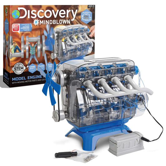 Discovery #MINDBLOWN Model Engine Building Kit DIY 4-Cylinder Combustion Engine Working Pistons Fan Valves Belts LED Lights STEM Mechanic Engineering Construction Experiment Set Kids & Adults Gift