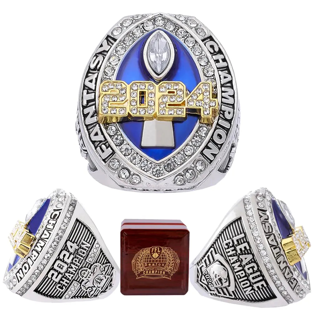 Seafox Fantasy Football Ring 2024 Heavy FFL Championship Ring With Box (size 10 with wooden box)