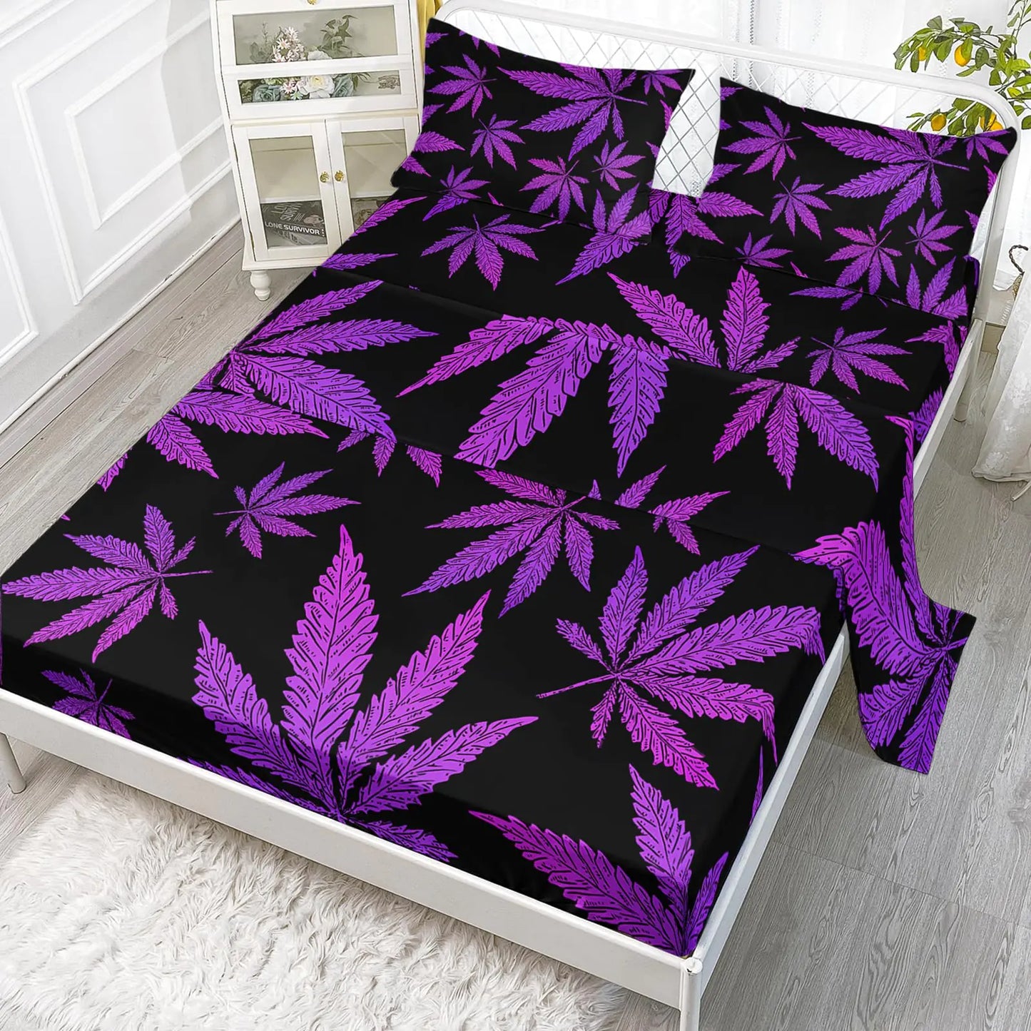 Axolot Purple Leaves Fitted Sheet QueenPurple Black Fitted Sheet Weed Leaf Sheet SetBotanical Weed Bedding Weed Leaf Sheet for Adults Women Men1 Flat Sheet 1 Fitted Sheet 2 Pillowcases
