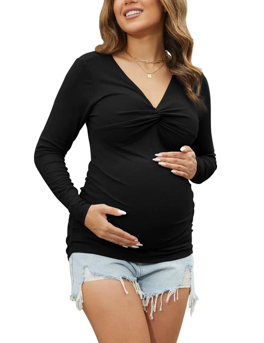 Womens Maternity Shirts V Neck Twist Knot Front Maternity Tops Long Sleeve Pregnancy Tee Shirts Black S